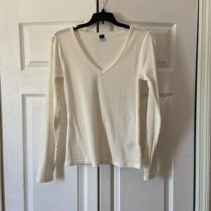 Old Navy Medium Cream Long Sleeve Ribbed V Neck Top